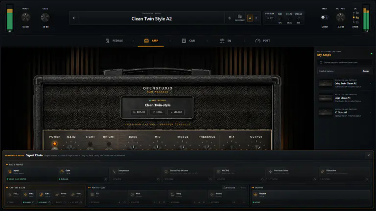 OpenStudio NAM Rack signal-chain drawer showing the v19 processing route